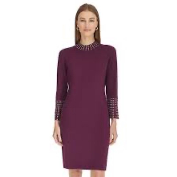Harper Rose Dresses & Skirts - Harper Rose Burgundy Jewel Neck Bell Sleeve Studded Sweater Dress L